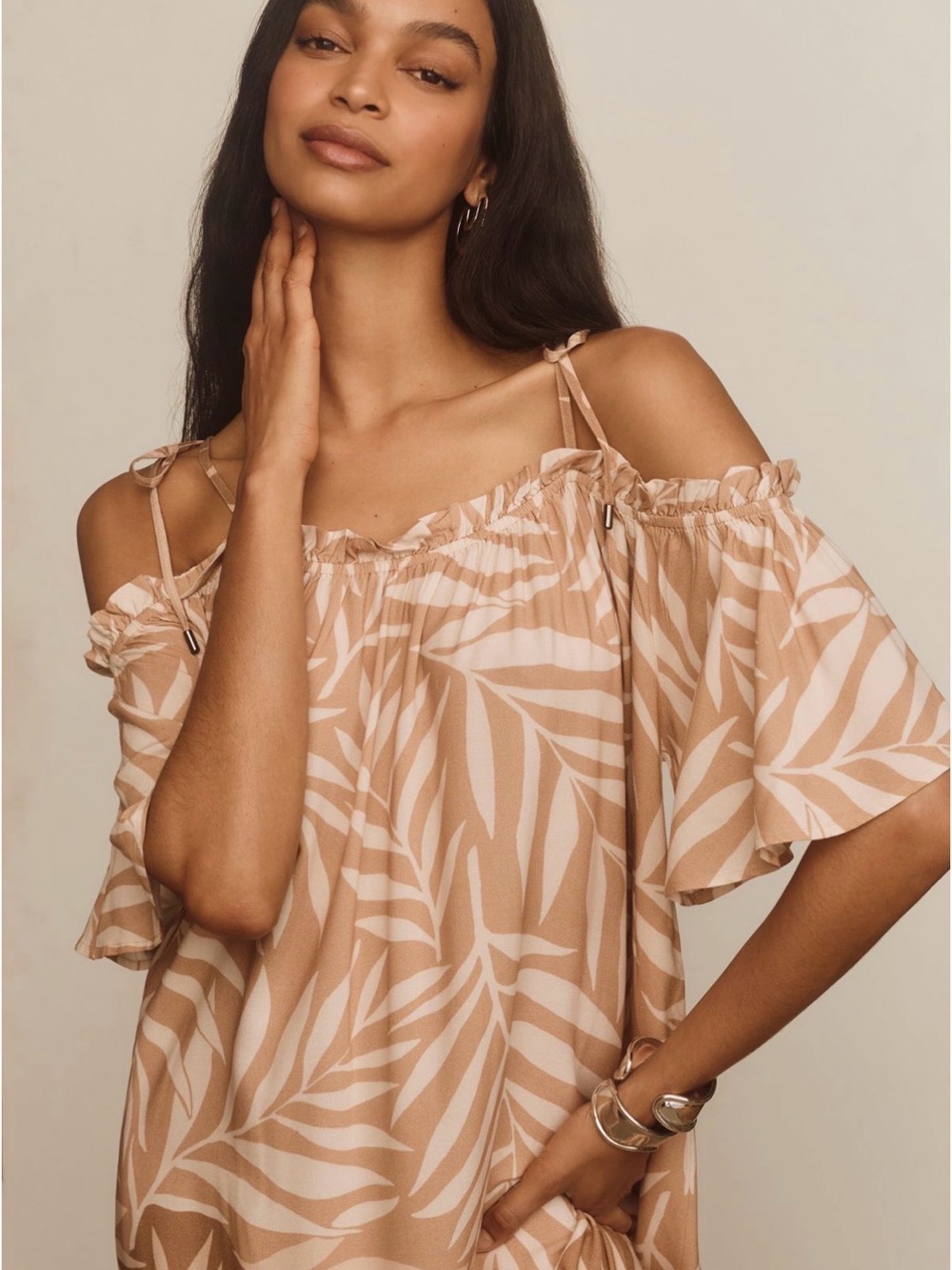 Anthropologie Beige and White Leaf-Print Maxi Dress